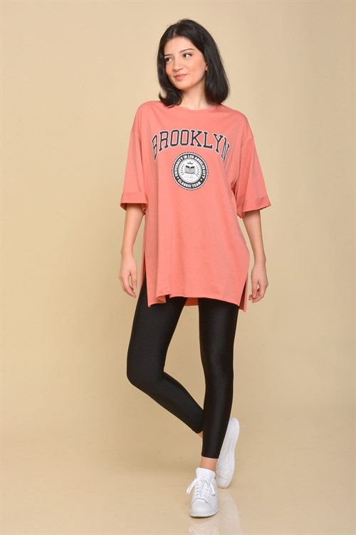 Boyfriend Yırtmaçlı T-Shirt Somon