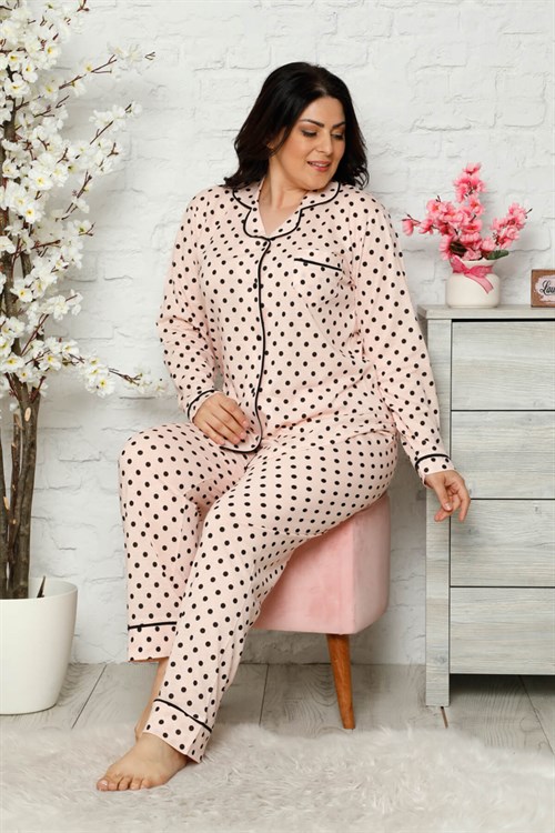 Düğmeli Battal Pijama Takımı Pudra