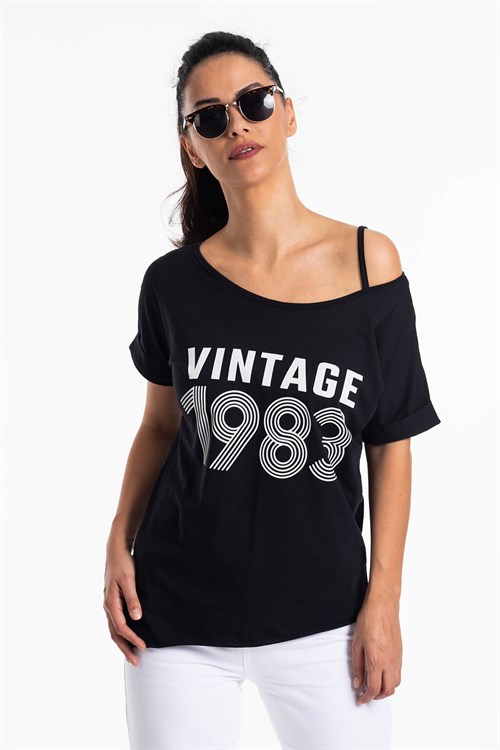 Düşük Omuz Vintage T-Shirt Siyah