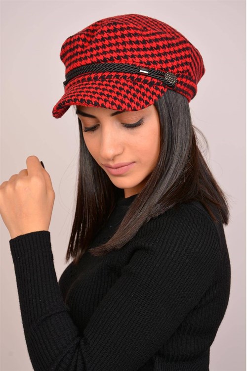 Kaz Ayağı Desenli Kadın Kırmızı Şapka
