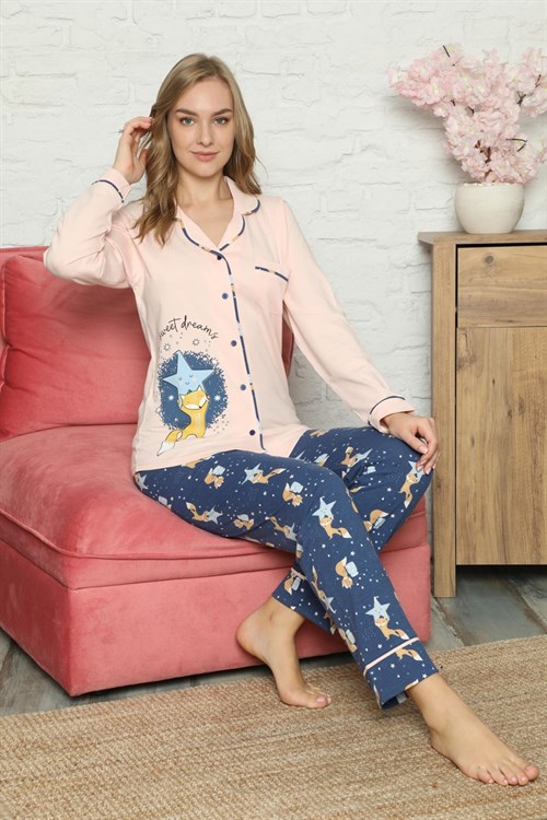 Kışlık Düğmeli Pijama Takımı Pudra