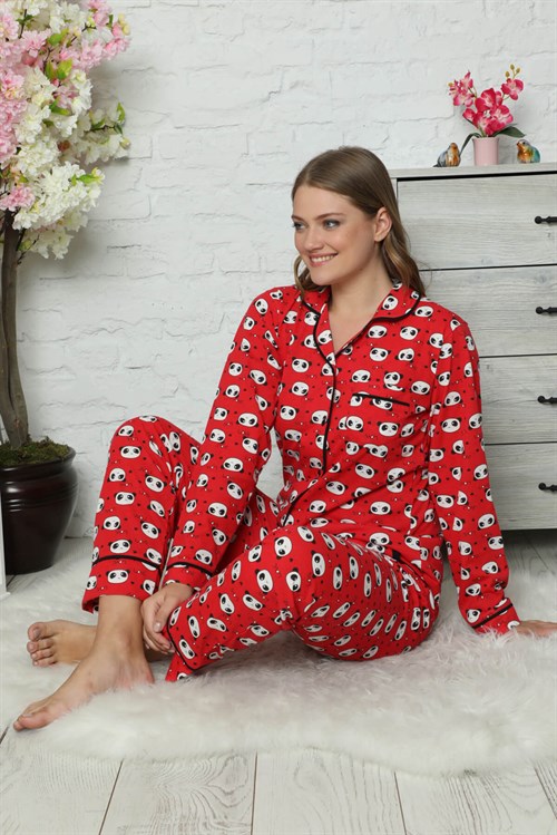 Panda Baskılı Düğmeli Pijama Takımı Kırmızı