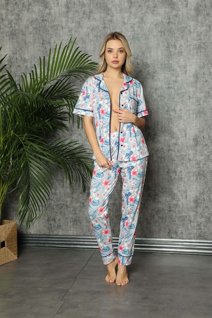 Çiçek Desenli Düğmeli Kısa Kol Pijama Takımı
