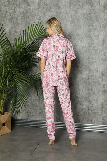 Çiçekli Düğmeli Kısa Kol Pijama Takımı