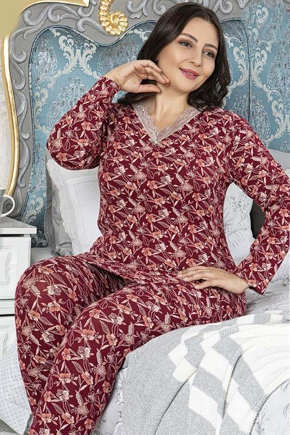 Dantelli V Yaka Büyük Beden Pijama Takımı