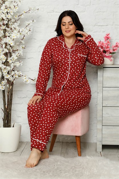 Düğmeli Battal Pijama Takımı Kırmızı