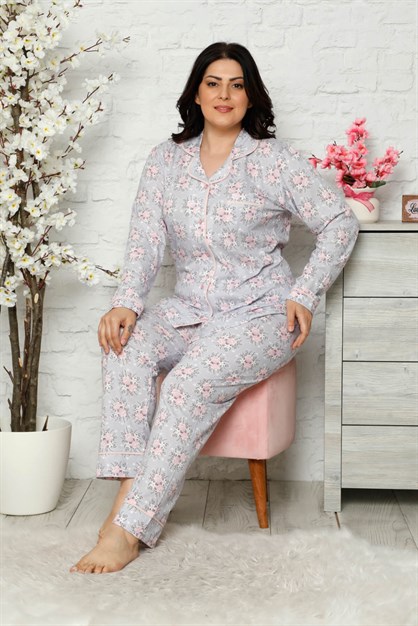 Düğmeli Battal Pijama Takımı Lila