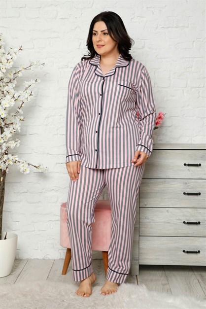 Düğmeli Battal Pijama Takımı Pembe