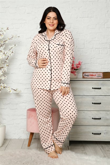 Düğmeli Battal Pijama Takımı Pudra