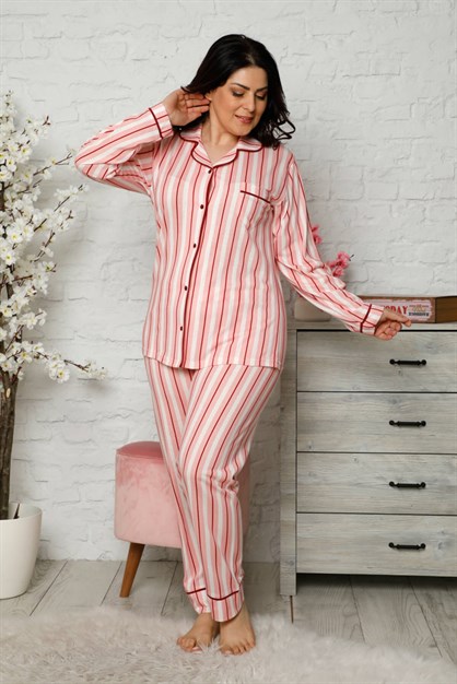 Düğmeli Battal Pijama Takımı Somon