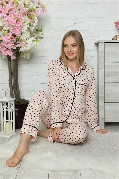 Düğmeli Kadın Pijama Takımı Pudra