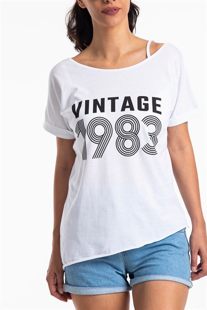 Düşük Omuz Vintage T-Shirt Beyaz