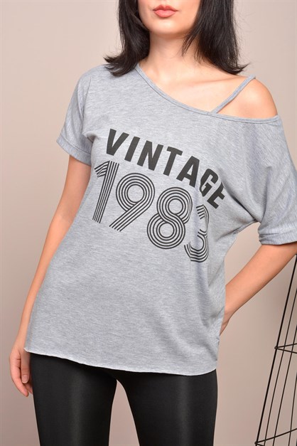 Düşük Omuz Vintage T-Shirt Gri