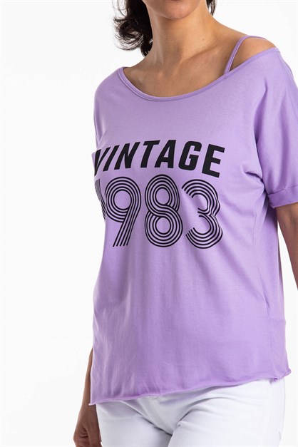 Düşük Omuz Vintage T-Shirt Lila