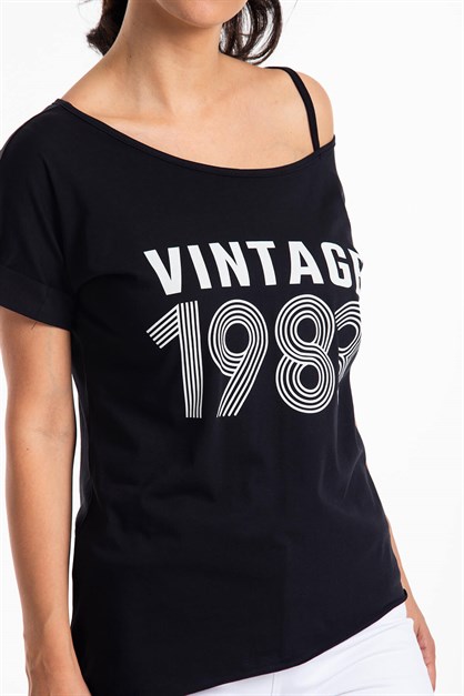 Düşük Omuz Vintage T-Shirt Siyah