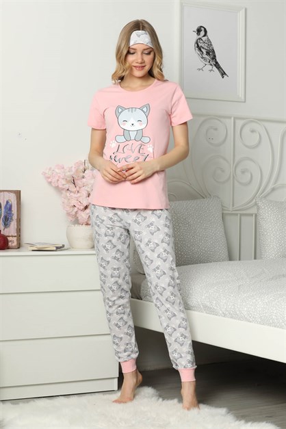 Kedi Baskılı Kısa Kol Pijama Takım Pembe