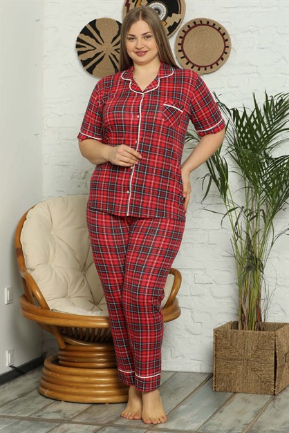 Kısa Kollu Ekoseli Büyük Beden Pijama Takımı