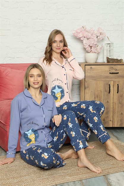 Kışlık Düğmeli Pijama Takımı İndigo