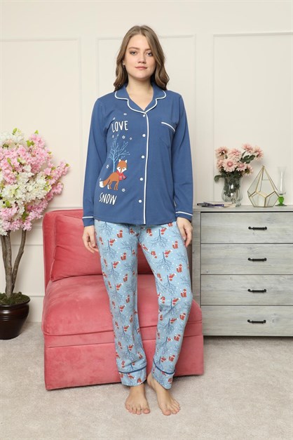Kışlık Düğmeli Pijama Takımı Lacivert