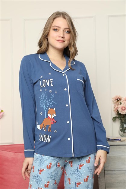 Kışlık Düğmeli Pijama Takımı Lacivert