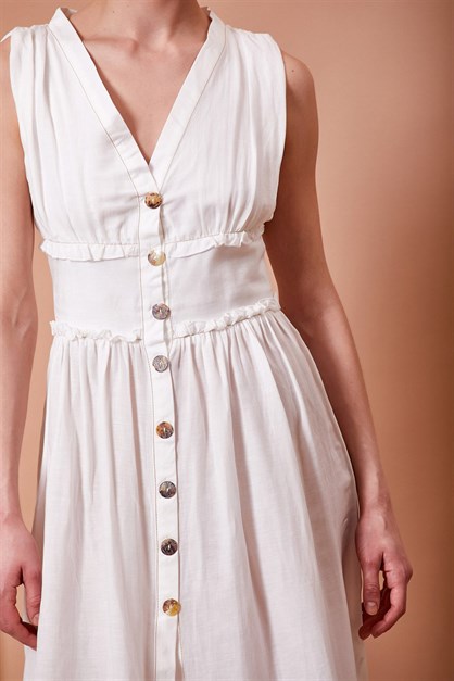 Korsajlı Düğmeli Elbise Beyaz