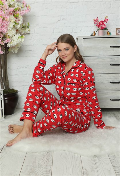 Panda Baskılı Düğmeli Pijama Takımı Kırmızı
