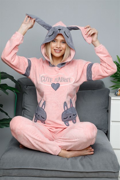 Tavşanlı Kapüşonlu Kadife Pijama Takımı
