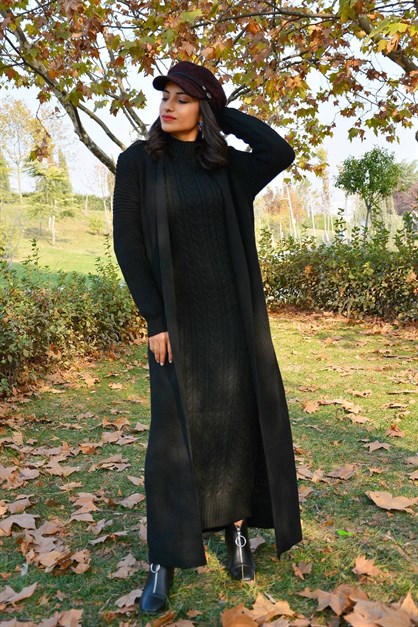 Triko Elbise Hırka 2'li Takım Siyah