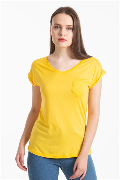 V Yaka Cepli T-Shirt Sarı