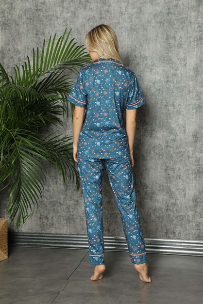 Yaprak Desenli Düğmeli Kısa Kol Pijama Takımı
