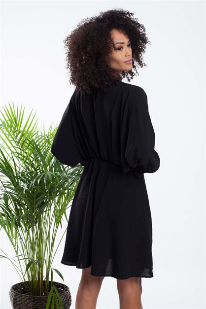 Yarasa Kol Bel Büzgülü Elbise Siyah