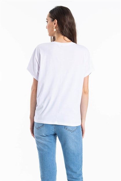 Yazı Detaylı Kadın T-Shirt Beyaz