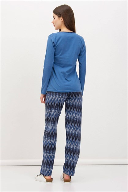 Yazı Detaylı Pijama Takımı Mavi