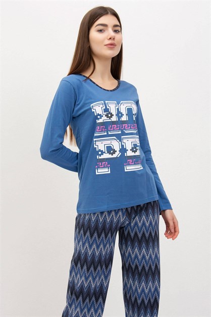Yazı Detaylı Pijama Takımı Mavi