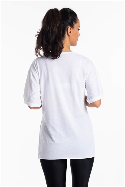 Yırtmaçlı Salaş Beyaz T-Shirt
