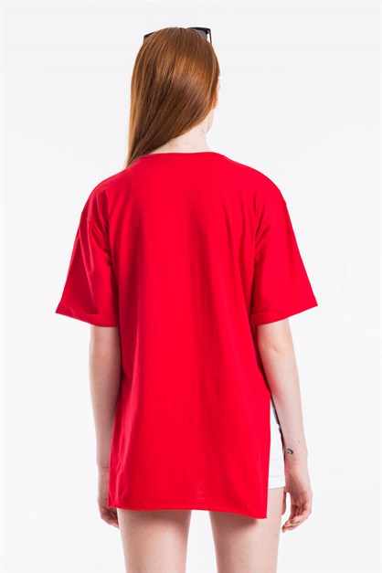 Yırtmaçlı Salaş T-Shirt Kırmızı