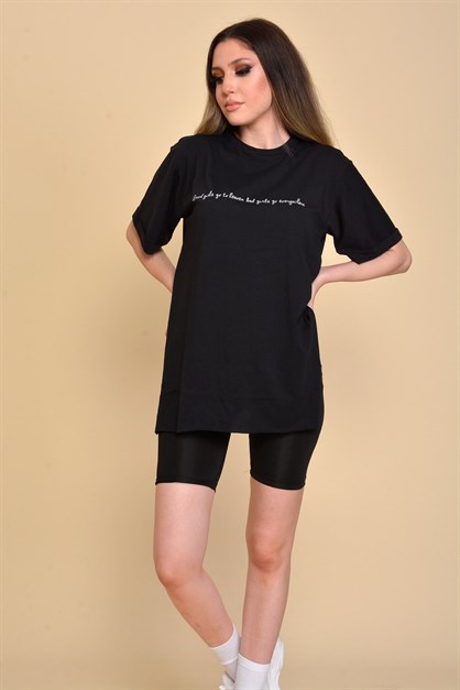 Yırtmaçlı Salaş T-Shirt Siyah