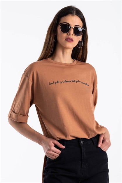 Yırtmaçlı Salaş T-Shirt Vizon