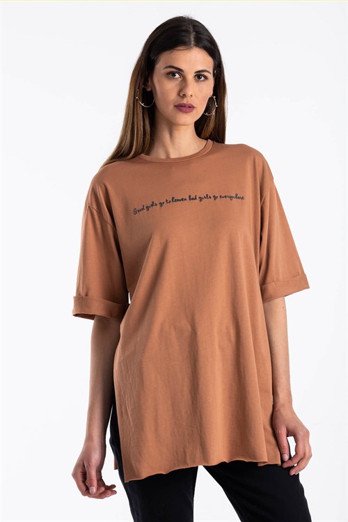Yırtmaçlı Salaş T-Shirt Vizon